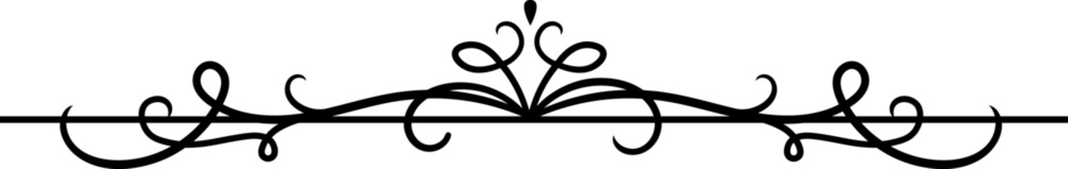 Thin black elegant horizontal divider featuring a floral ornament, effectively separating sections of text, isolated against a clean white background for a refined look