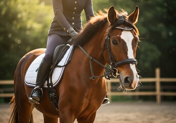 Fototapeta premium Elegant dressage horse with rider in formal equestrian outfit during sunset training session at outdoor arena. Close-up of brown horse. Professional sport concept