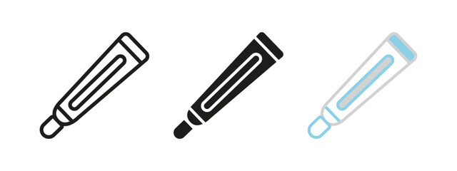 Toothpaste tube icon. Cosmetic lotion vector illustration. Balm gel symbol. Cream balsam sign. Ointment paste pictogram. Cosmetic product concept isolated outline, line, black and colored.