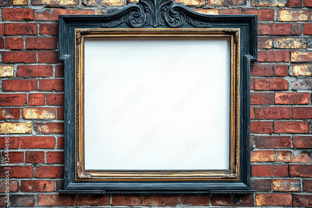 Poster black and gold framed white frame with a white background. the frame is empty. the frame is on a bri