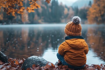 Back view of a person sitting by a lake in autumn scenery