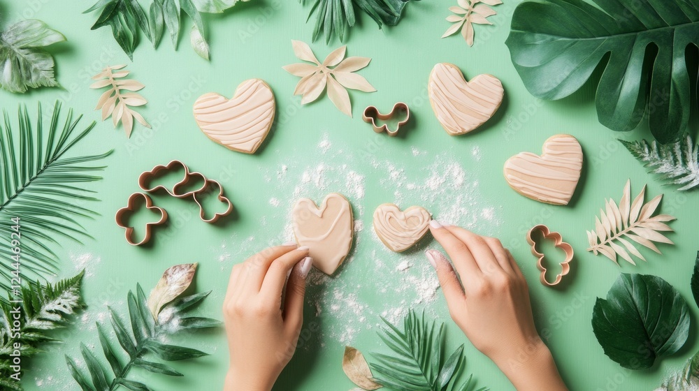 Wall mural Woman's hands decorating heart-shaped cookies on a green background with tropical leaves.