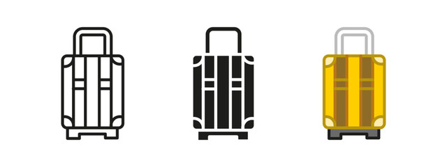 Travel baggage icon. Rolling suitcase for airport and trip symbol. Luggage for tourism, business, and transportation sign. Mobility packing vector illustration.