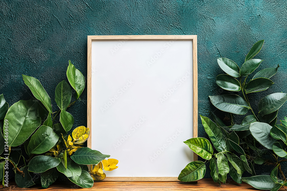 Poster white frame with a green background and a green leafy plant in front of it. the frame is empty and t