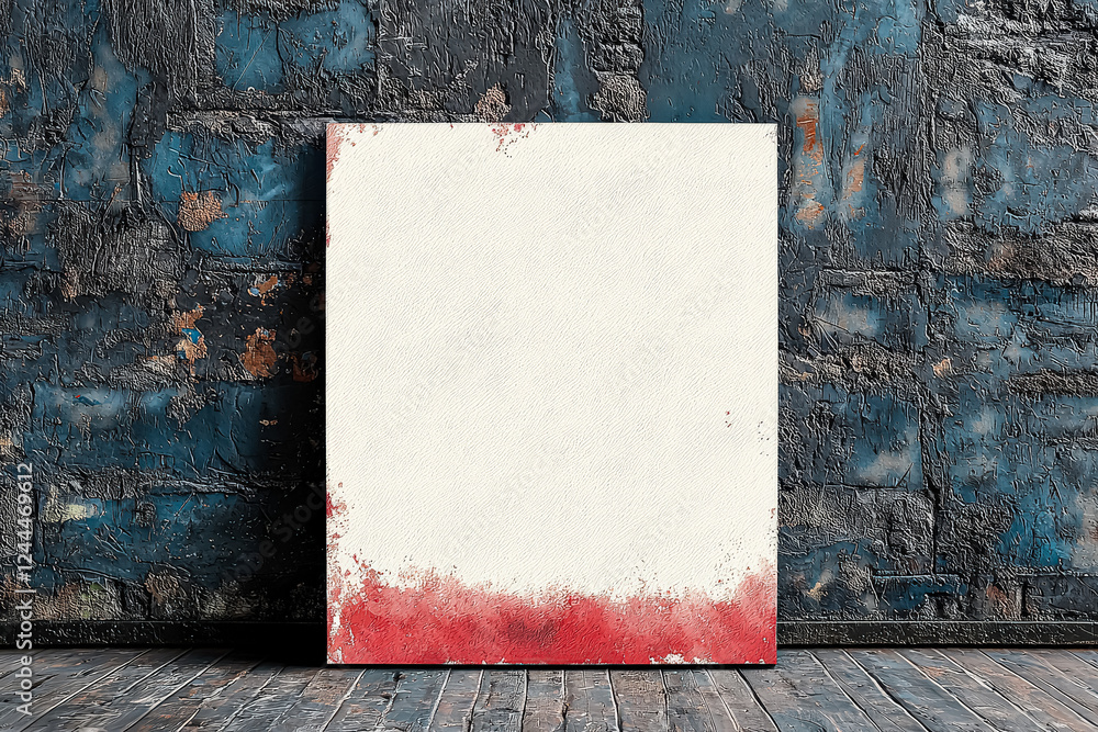 Poster white canvas with red paint on it. the red paint is splattered all over the canvas