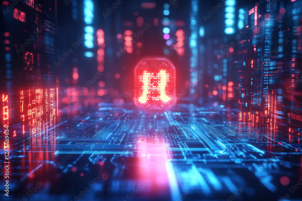 Poster vibrant neon landscape of data streams illuminating a futuristic virtual environment at dusk