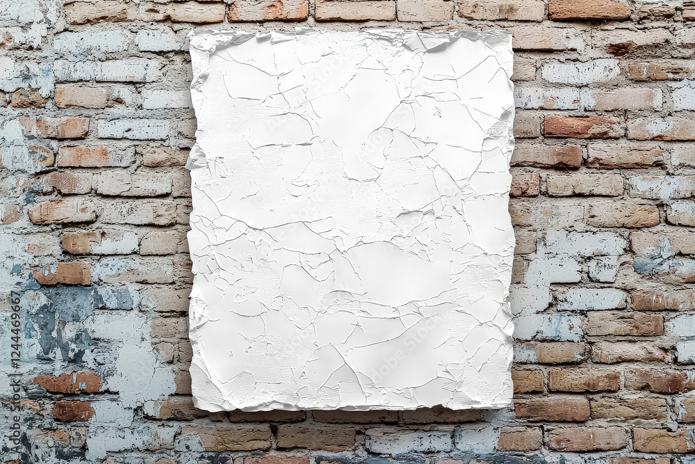 Poster white wall with a white square on it. the wall is made of bricks. the square is empty and has no wri