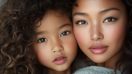 Obraz premium Closeup of a mother and a daughter, beautiful little asian girl with curly hair hugging her mom, both of them are looking at the camera and smiling. motherhood, bonding together, realtionship.
