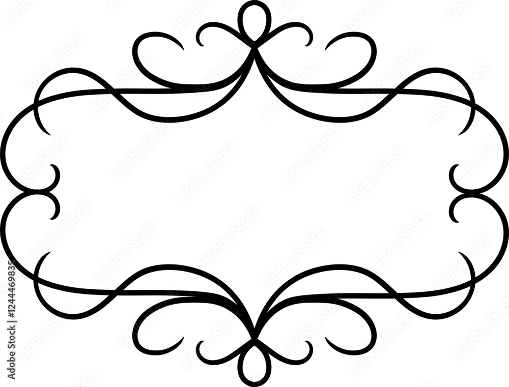 Poster black elegant calligraphic horizontal frame featuring intricate swirls and flourishes, isolated agai