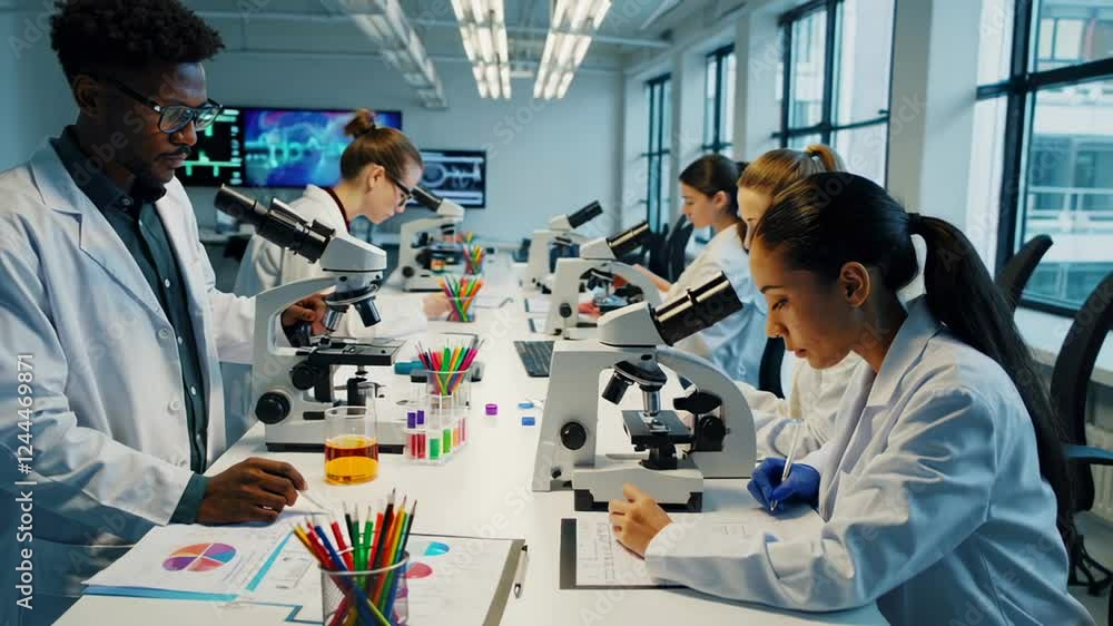 Aufkleber multiethnic scientific team collaborating in pristine laboratory, analyzing medical data through mic