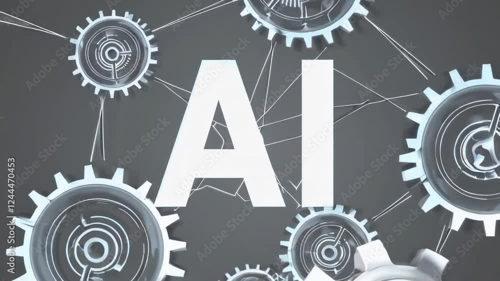 Poster metallic gears rotating slowly behind white ai letters, symbolizing artificial intelligence, machine