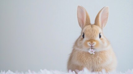Obraz premium Cute bunny holding flower, light background, spring