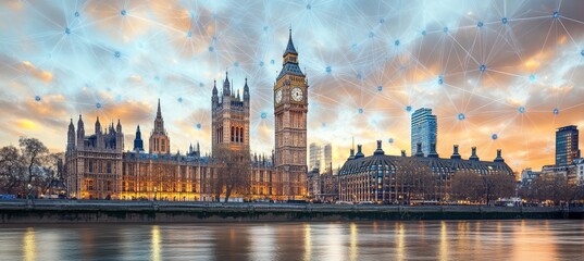 Fototapeta premium Connecting Historic London UK Parliament and Big Ben with Digital Network Overlay at Sunset