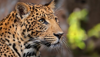 Striking Closeup Portrait of a Ceylon Leopard Panthera pardus kotiya, Showcasing Its Regal Majesty, Golden Fur, and Vibrant Green Jungle Backdrop in Sri Lankas Wilderness.