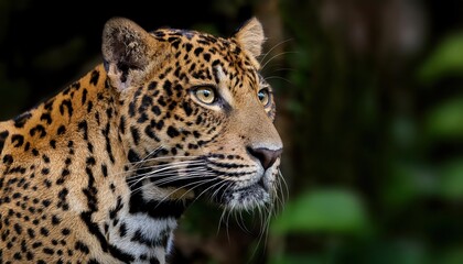 Striking Portrait of a Ceylon Leopard Panthera pardus kotiya in Detailed Profile, Set Against the Lush Greenery and Rich Earth Tones of its Natural Habitat, Showcasing the Majestic Beauty and