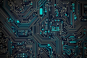 Abstract close-up of a glowing blue digital circuit board, showcasing intricate connections and technological design on a black background.
