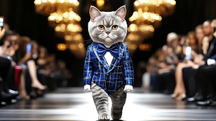 British Shorthair in Designer Suit - Walking Like a True Gentleman in a Tuxedo, A distinguished British Shorthair cat confidently walks the grand runway in a meticulously tailored designer tuxedo, com