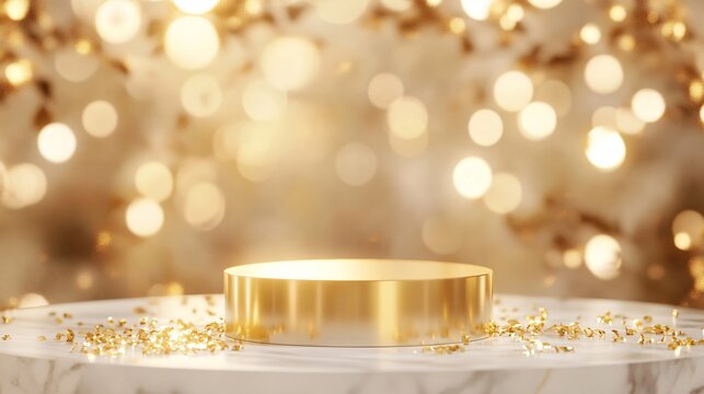 Minimalist Gold Podium with Soft Light Particles, Glass Panel Backdrop, and Elegant Bokeh Effect. Copy space. Generative AI 