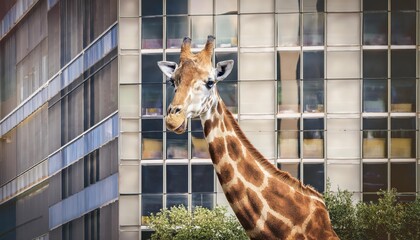 Vibrant Cheerful Giraffe Amidst Modern City Office Scenery A Playful Contrast of Nature and Urban Life in a Chic Metropolis Setting