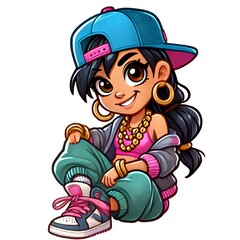 Cartoon fashion girl Hip-hopper, sweatshirt, sneakers, cap, tracksuit and chains. The spirit of freedom, determination and energy. AI generated.