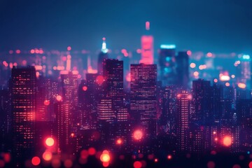 Obraz premium Night view of a cityscape with neon lights and skyscrapers