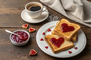 Romantic breakfast: heart-shaped toast, jam, cup of coffee