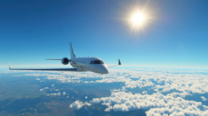 Obraz premium Private Jet Cruising Through a Bright Blue Sky, with a Distant Mountain Range and Clear, Cloudless Horizon in the Background