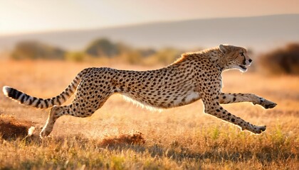 Obraz premium Powerful and Graceful Adult Cheetah, Acinonyx jubatus, Sprinting through Savannah at Dawn, Majestic Movement in the African Plains