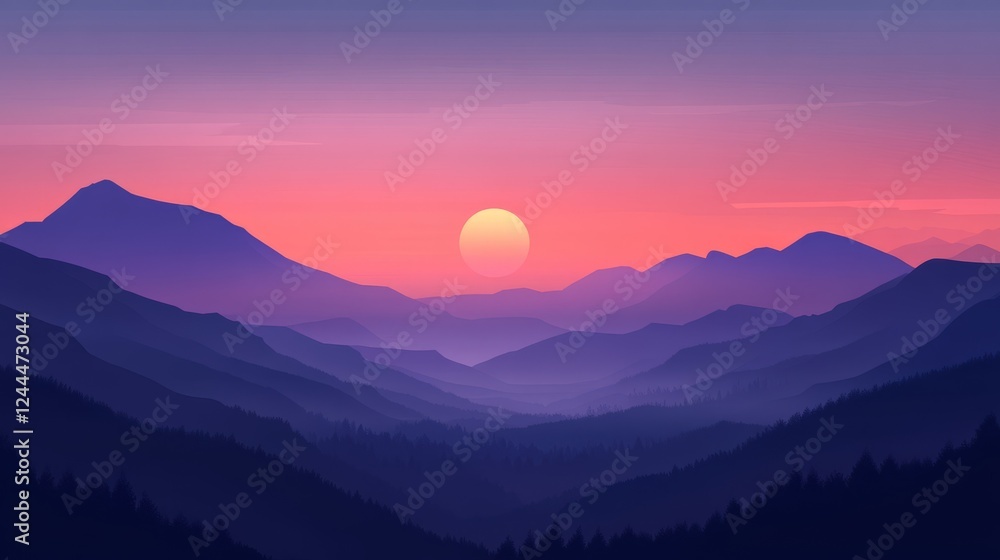 Poster sunset over mountain range creates stunning abstract background with layers of color and depth