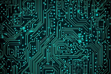 Abstract close-up of a glowing blue digital circuit board, showcasing intricate connections and technological design on a black background.
