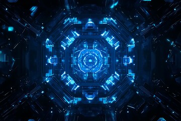Abstract close-up of a glowing blue digital circuit board, showcasing intricate connections and technological design on a black background.
