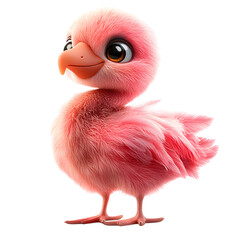 Fluffy 3D Cartoon Flamingo Chick with Big Eye Isolated on Transparent Background