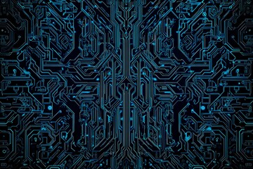 Fototapeta premium Abstract close-up of a glowing blue digital circuit board, showcasing intricate connections and technological design on a black background. 
