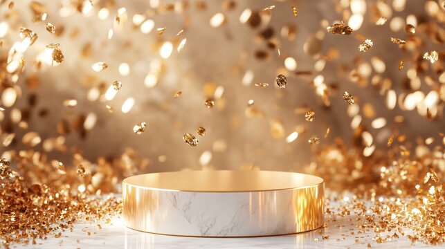 Minimalist Gold Podium with Soft Light Particles, Glass Panel Backdrop, and Elegant Bokeh Effect. Copy space. Generative AI 
