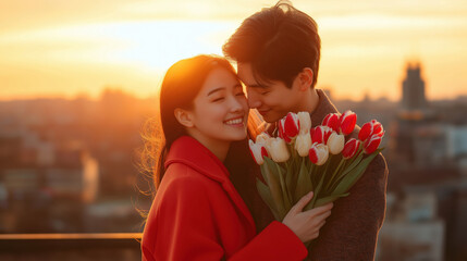 asian young couple embracing each other on a rooftop at sunset. The man is holding a bouquet of red and white tulips in his left hand and the woman is wearing a red coat