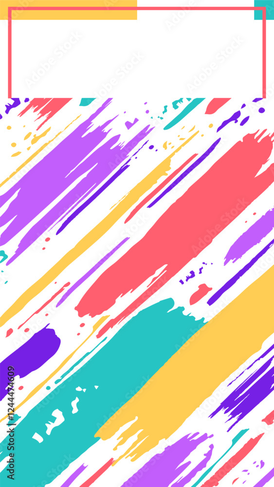 Poster colorful brushstrokes are dynamically arranged on a white background, creating a vibrant and energet