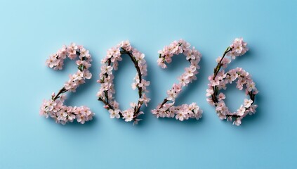 Pink floral 2026 numbers adorned with beautiful spring blossoms against serene blue background creating fresh atmosphere for new year 2026 celebration designs