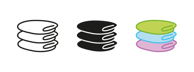Laundry stack icon. Folded clothes pile vector illustration. Neatly arranged textile symbol. Clean fabric storage sign. Home wardrobe organization concept.