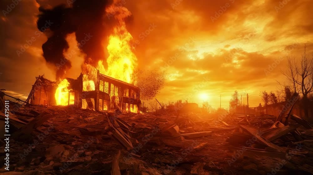 Poster dramatic scene of a building engulfed in flames during a fiery sunset, surrounded by debris and dest