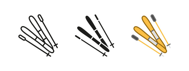 Ski equipment icon. Winter sport vector illustration. Alpine skis with poles symbol. Downhill adventure and snow recreation sign. Extreme outdoor competition concept.