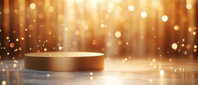 Minimalist Gold Podium with Soft Light Particles, Glass Panel Backdrop, and Elegant Bokeh Effect. Copy space. Generative AI