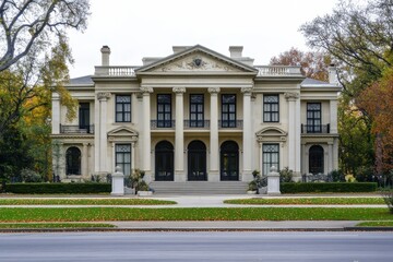 Fototapeta premium Grand neoclassical mansion on a tree-lined street.