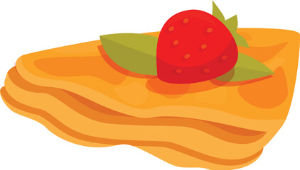 Stack of golden crepes topped with fresh, juicy strawberry and mint leaves, making a tempting breakfast treat