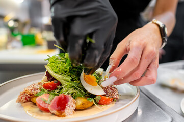 A chef delicately garnishes a beautifully arranged plate of salad, featuring fresh greens, tomatoes, and a perfectly cooked egg, showcasing culinary artistry in a modern kitchen.