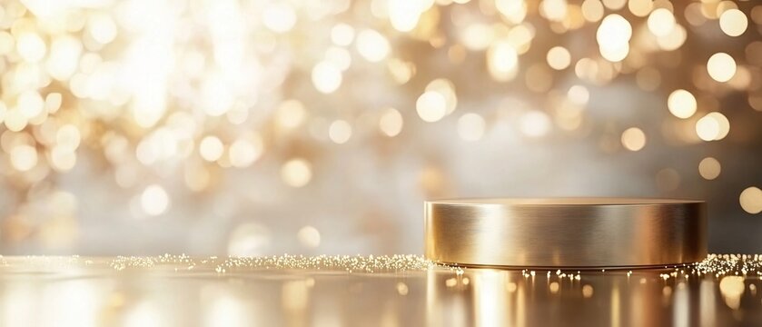 Minimalist Gold Podium with Soft Light Particles, Glass Panel Backdrop, and Elegant Bokeh Effect. Copy space. Generative AI