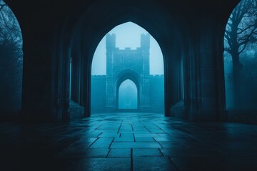 Fototapeta premium Dark mysterious hallway with gothic arches and ambient light