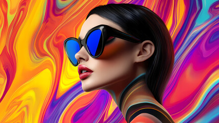 A beautiful high fashion lady with cool sunglasses in front of a crazy multicolored abstract background, generative ai. Fashion & Costume Design. Illustration