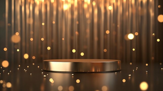 Minimalist Gold Podium with Soft Light Particles, Glass Panel Backdrop, and Elegant Bokeh Effect. Copy space. Generative AI