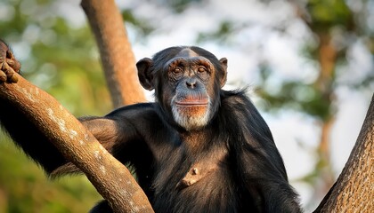 Adventure in the Wild Majestic Adult Male Chimpanzee Perched High in a River Gambia Tree, Part of the Chimpanzee Rehabilitation Project