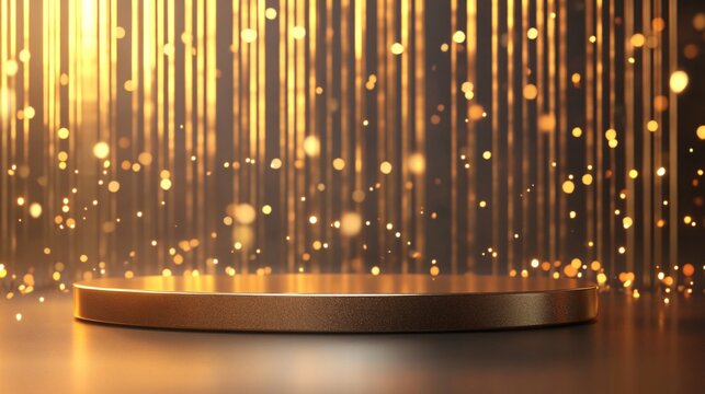 Minimalist Gold Podium with Soft Light Particles, Glass Panel Backdrop, and Elegant Bokeh Effect. Copy space. Generative AI